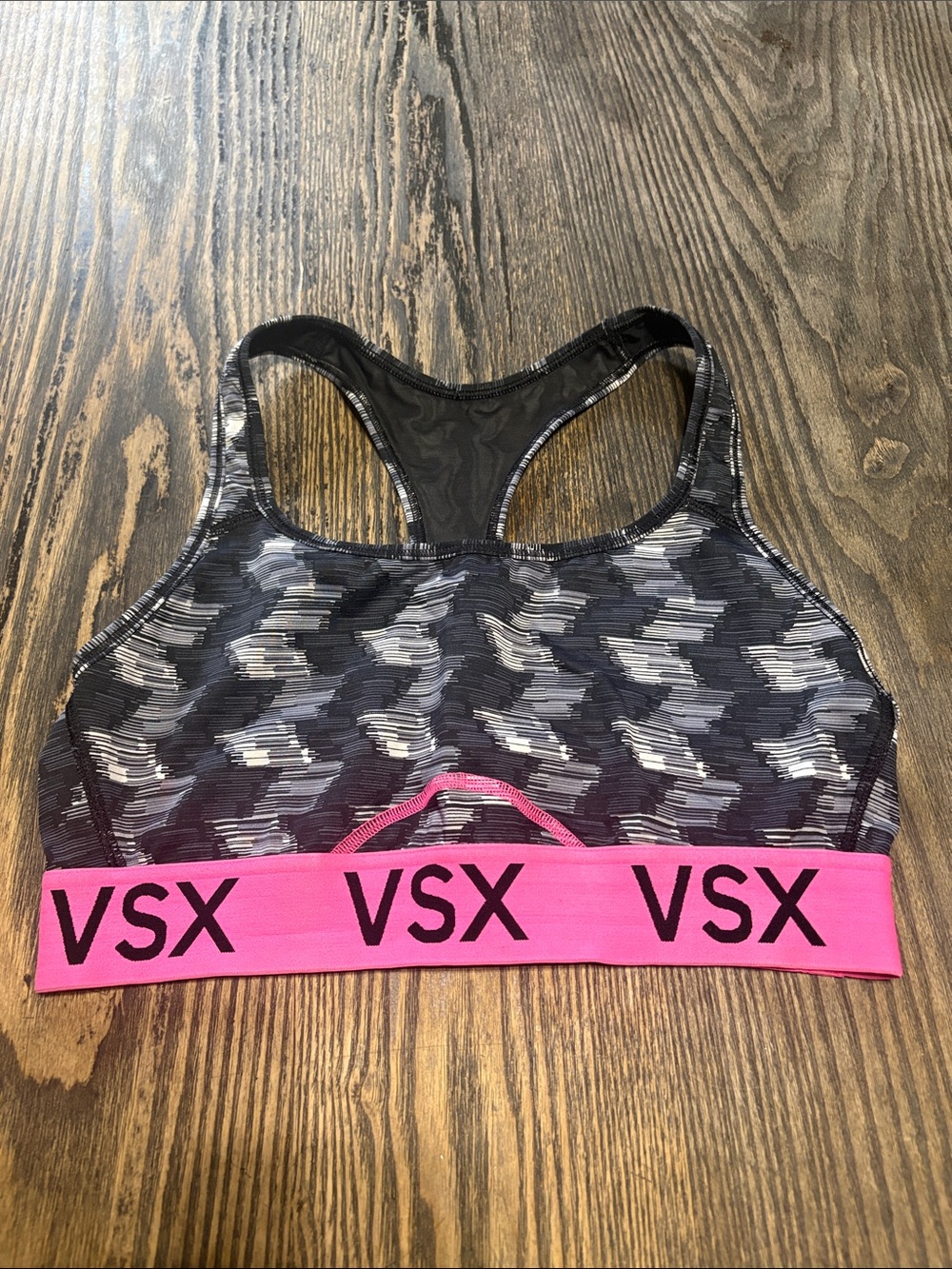 VSX Camo Print Racerback Sports Bra with Pink Logo Band
